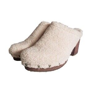 Korks by Kork Ease Studded Teddy Round Toe Block Heel Slip On Clogs Beige Sz 11M